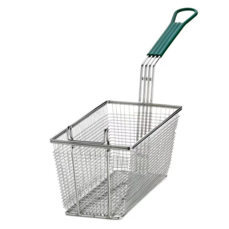 Table Craft Rectangular Fryer Basket, Green Handle, Nickel Plated Fine Mesh 63.5 x 16.5 x 34.5cm - islandcatering