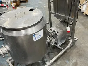 USED STAINLESS STEEL TANK SKID WITH SLEEVE AND EMPTY PUMP