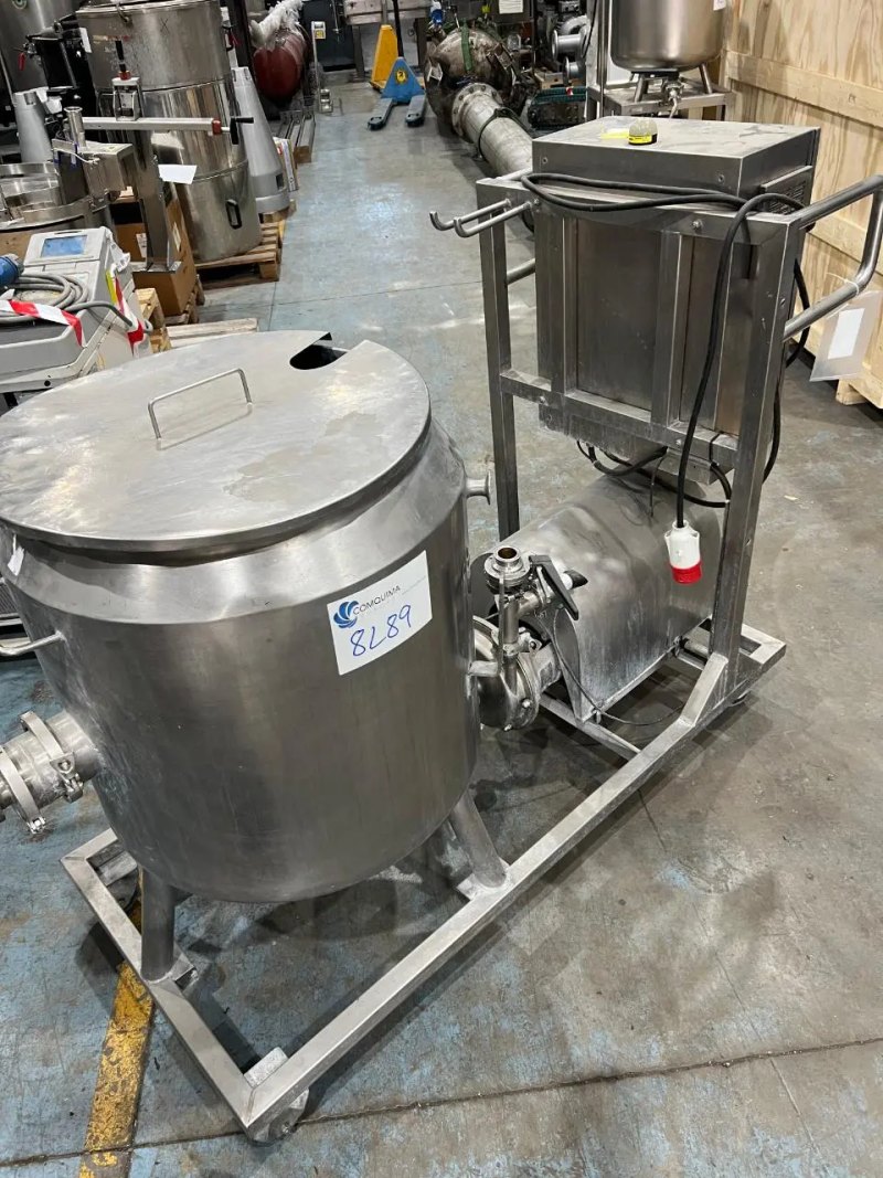 USED STAINLESS STEEL TANK SKID WITH SLEEVE AND EMPTY PUMP