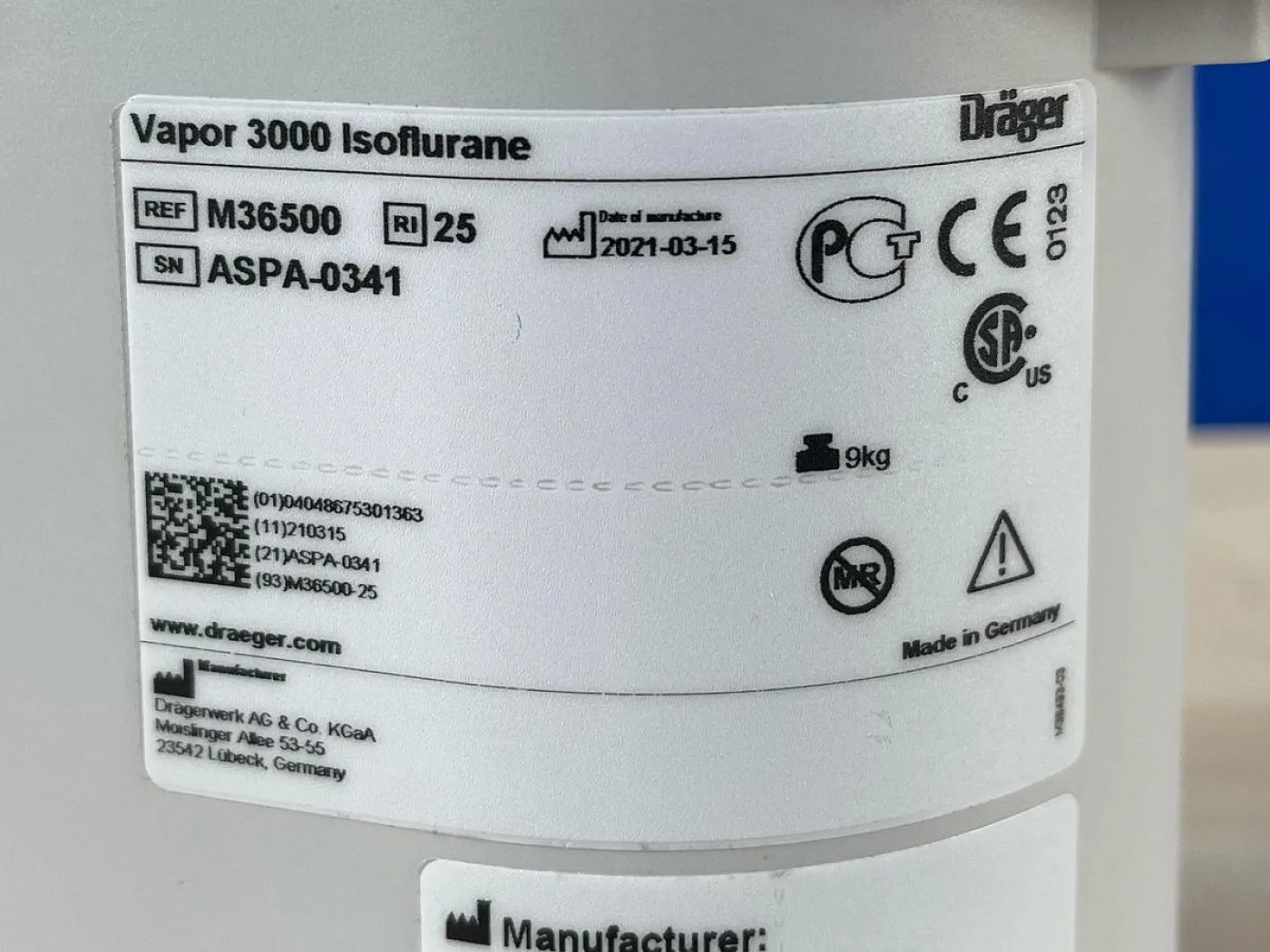 Dräger Vapor 3000 Isoflurane YOM: 2021 REF: M36500 - 6