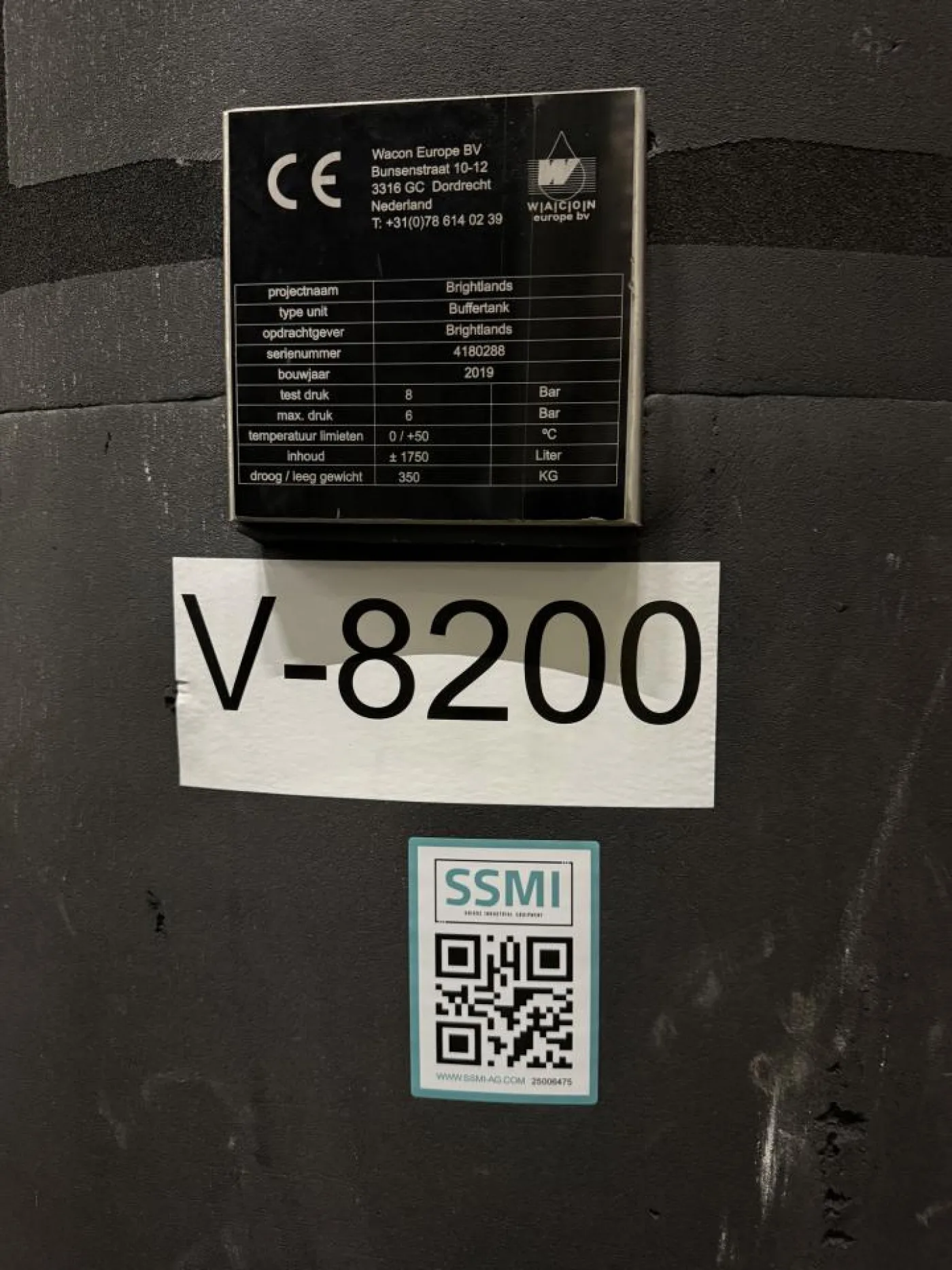 2019 Mac. pressure 6 Bar; Testing pressure * Bar ; Temperature 0 / 50 °C ; Volume 1750 Ltr Chilled water buffer vessel - 5