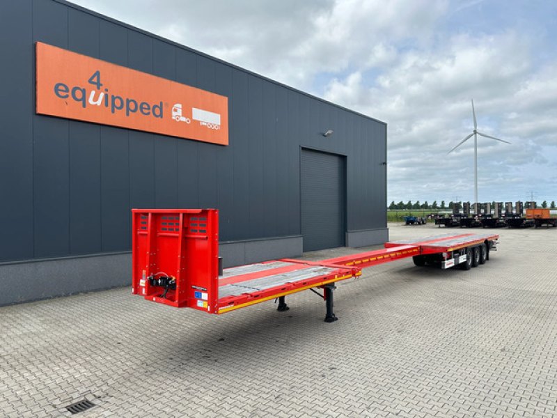 new and unused Heavy-Duty flatbed / 690cm extendable / steering axle / discbrakes / NL-trailer / APK: 04-2027