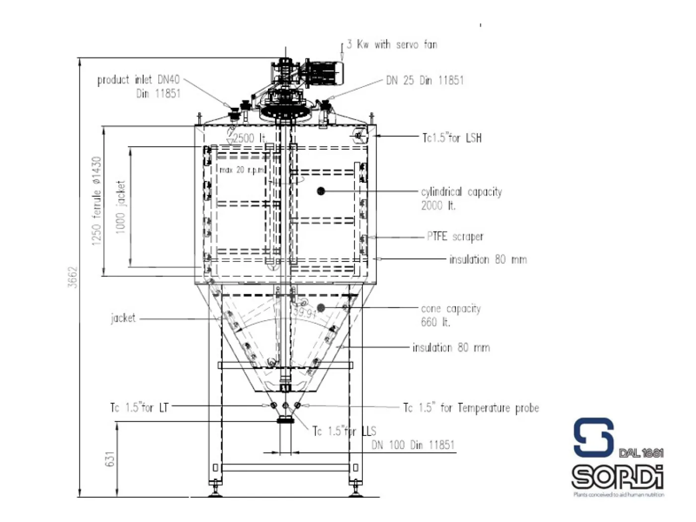 2,500 Ltr Sordi 316 Grade Stainless Steel Jacketed Tank with Sharp Conical Bottom and Scraped Surface Mixer (Year 2022 – NEVER USED) - 2