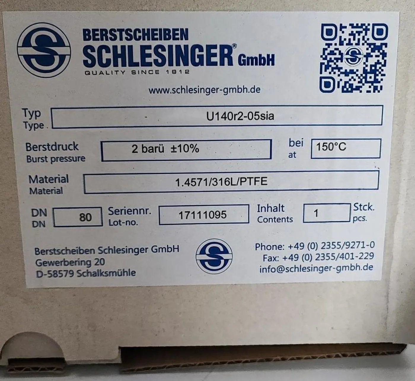 SCHLESINGER Berstscheiben U140r2-05sia Berstdruck: 2 barü ±10% 1.4571/316L/PTFE DN80 - 3