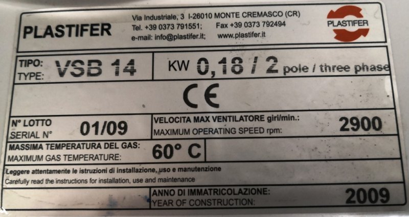 VENTILATORE CENTRIFUGO – PLASTIFER – MOD. VSB 14