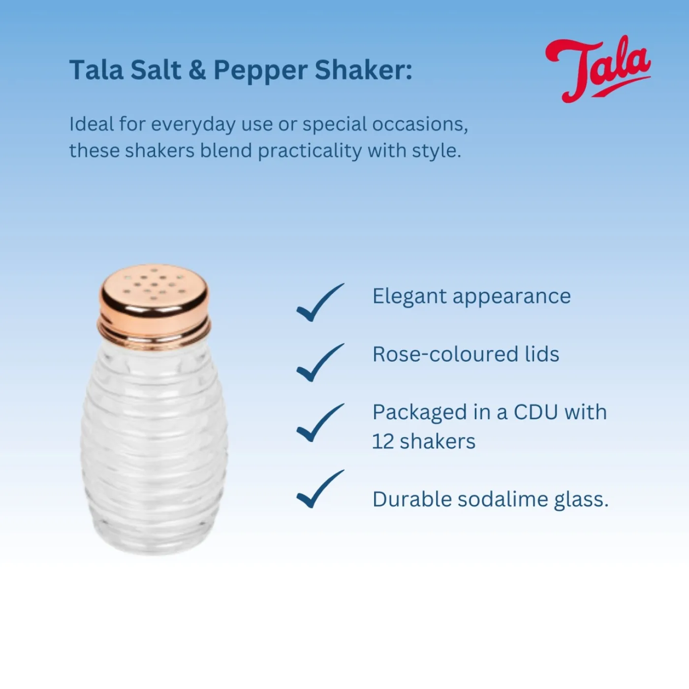 Tala Glass Salt & Pepper Shaker • 85ml • Rose Gold Lid • 12 Per Pack - islandcatering - 2