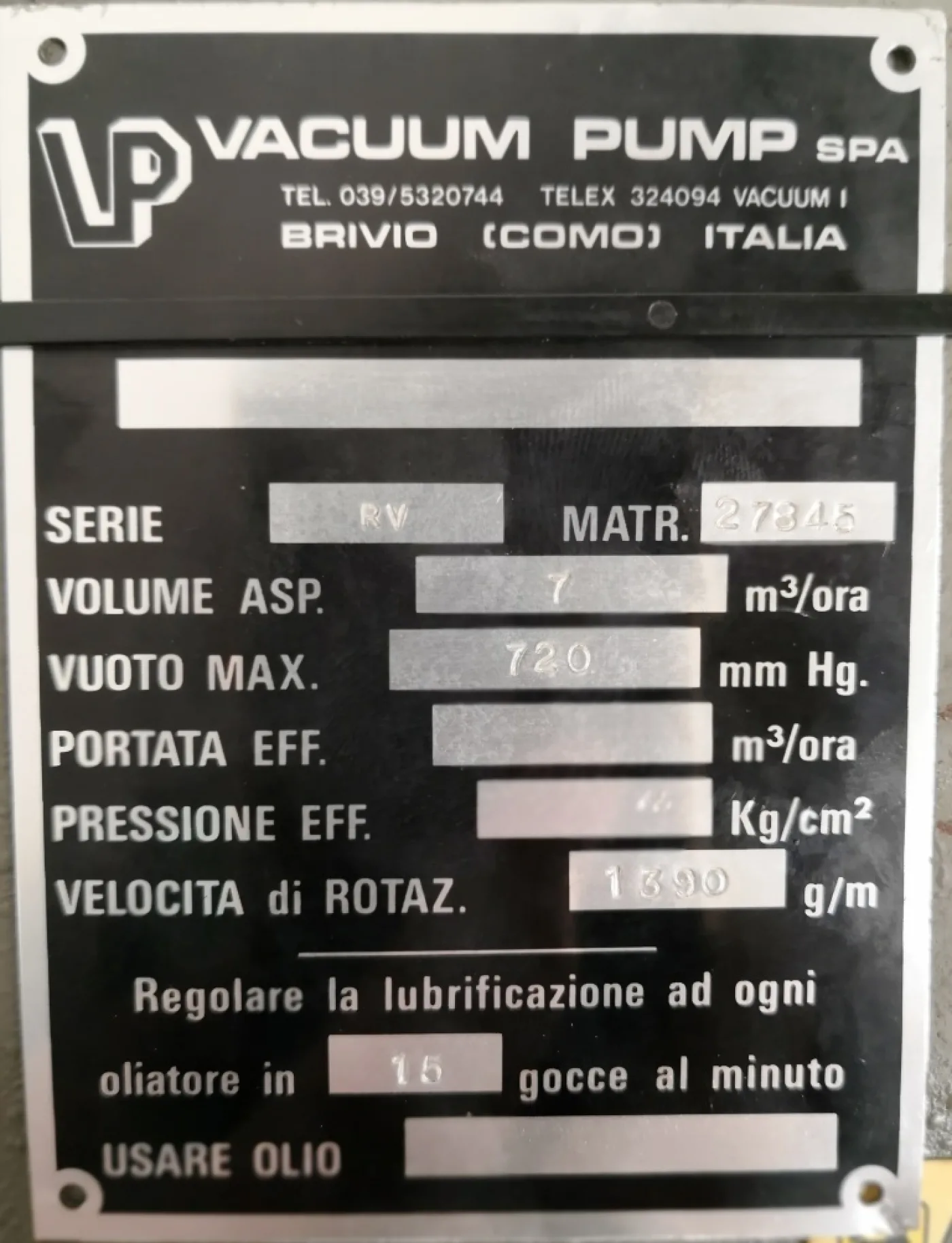 POMPA DA VUOTO – VACUUM PUMP – Mod. RV - 4
