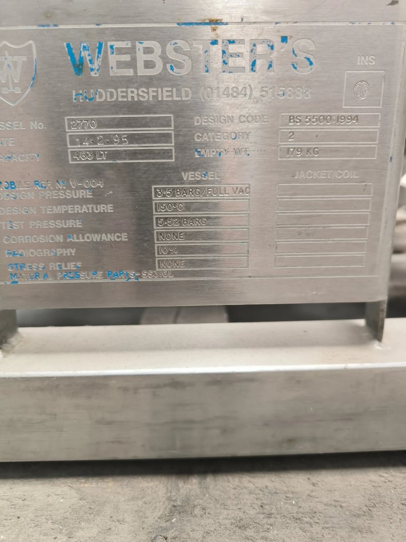 USED 316L STAINLESS STEEL TANK 344 LITERS WITH AGITATION