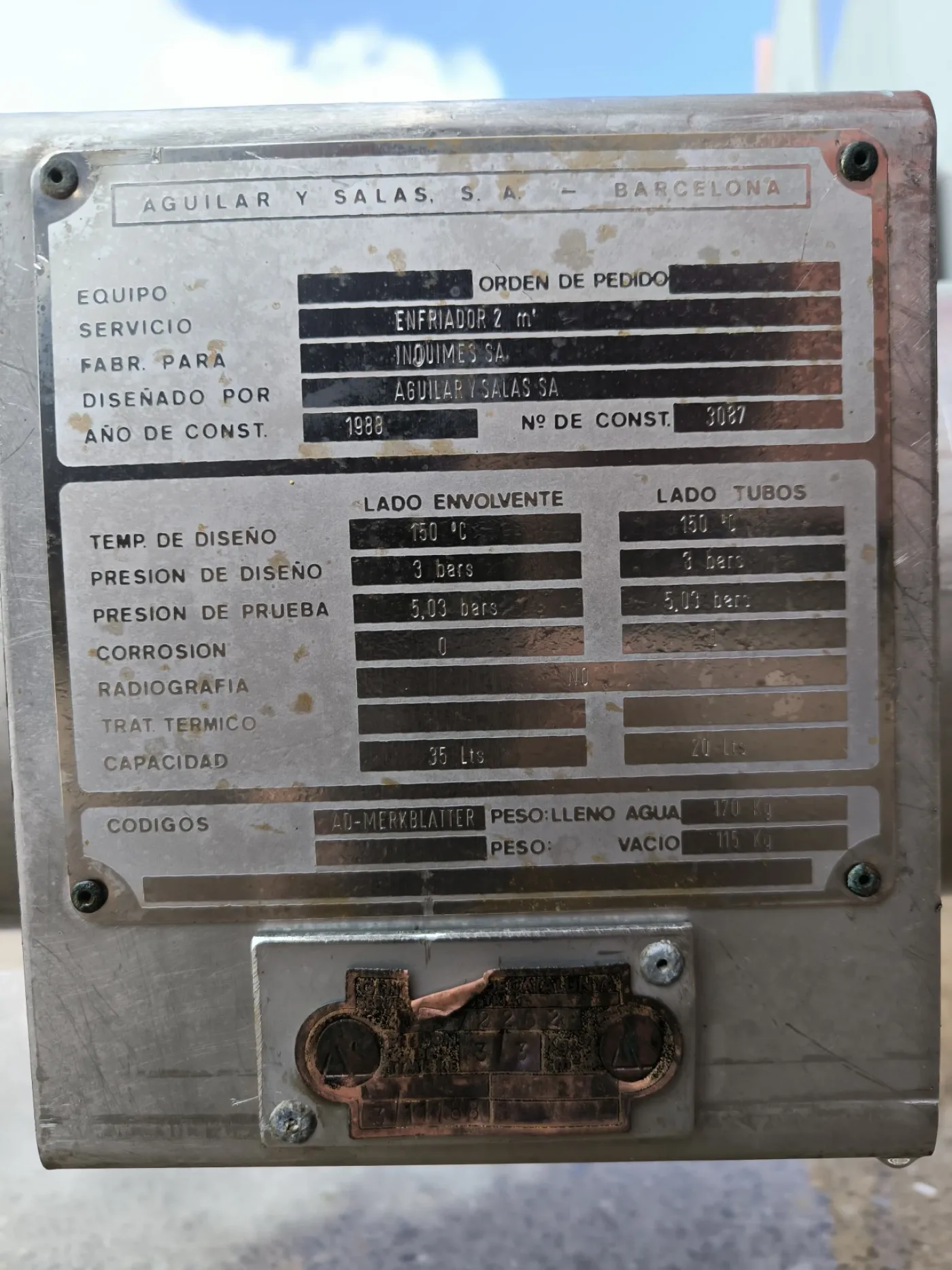 AGUILAR Y SALAS 316 STAINLESS STEEL HEAT EXCHANGER OF 1'9 M2 - 6