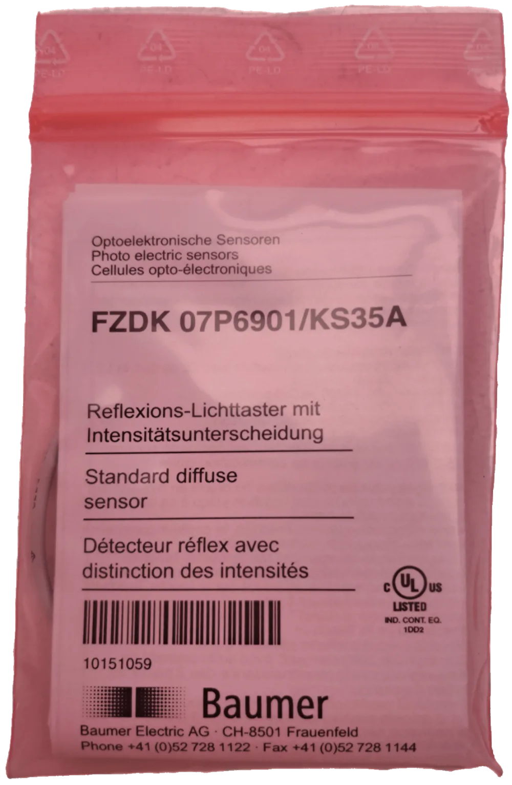 Baumer Reflexions-Lichttaster mit Intensitätsunterscheidung / FZDK 07P6901/KS35A