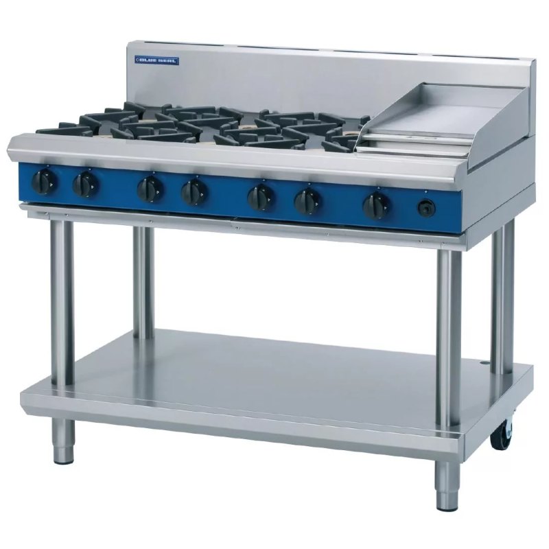 Blue Seal Evolution Cooktop 6 Open/1 Griddle Burner Natural Gas on Stand 1200mm G518C-LS/N - islandcatering