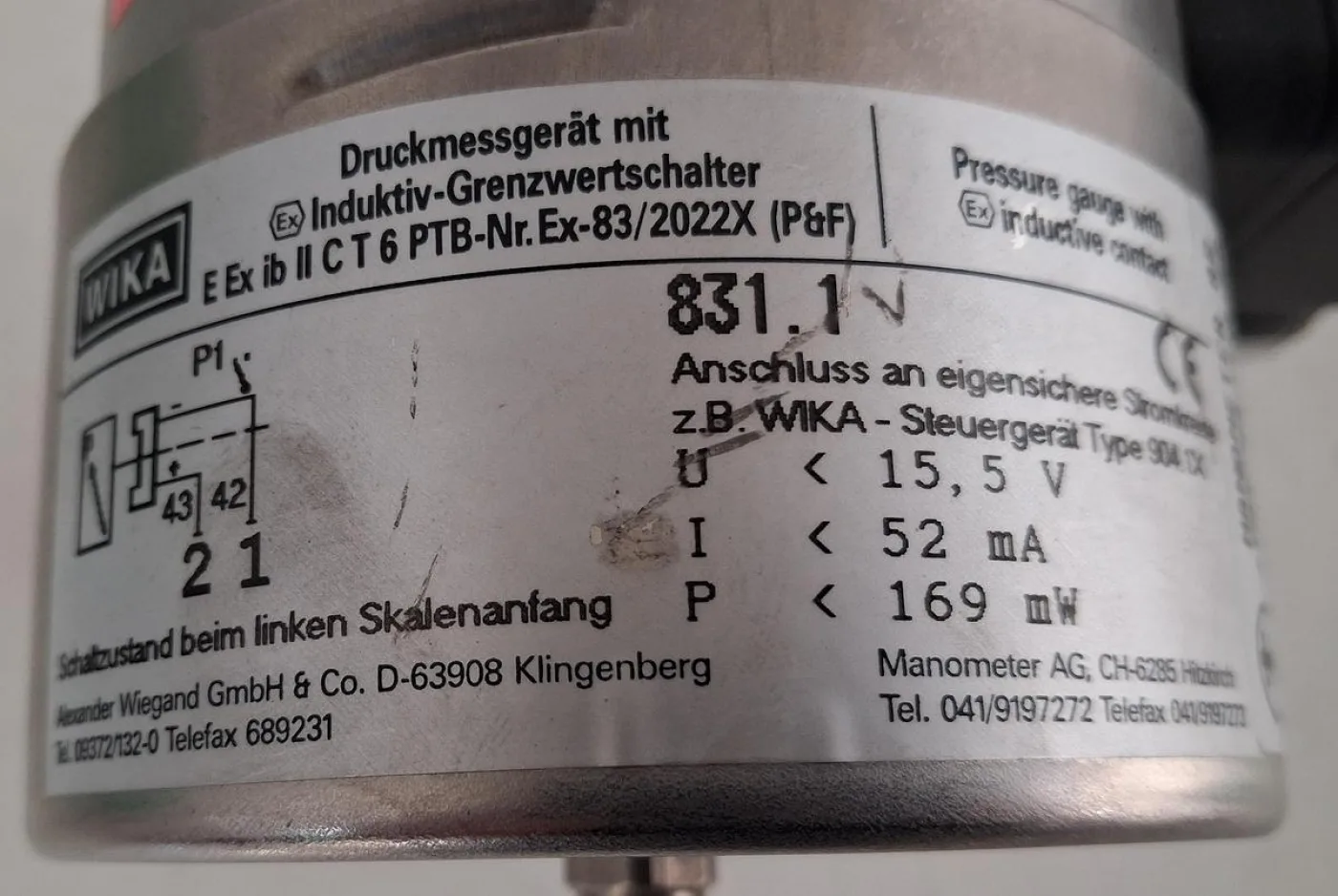 WIKA 831.1 Pressure Gauge 0–12 bar with Inductive Contact Switch - 5