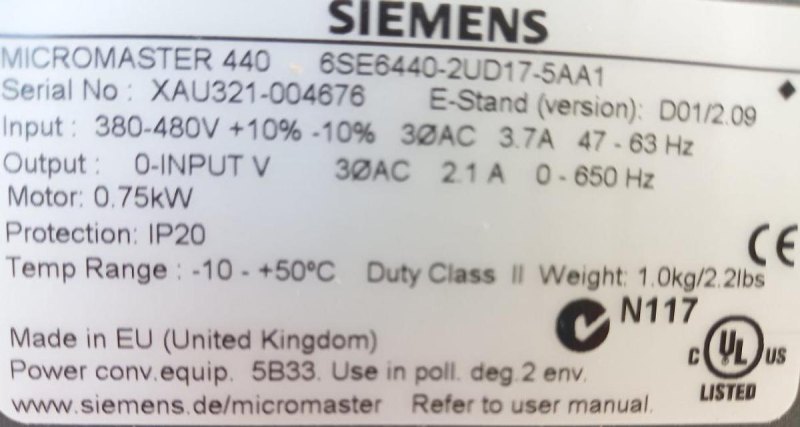Siemens MICROMASTER 440 6SE6440-2UD17-5AA1 Frequency Converter