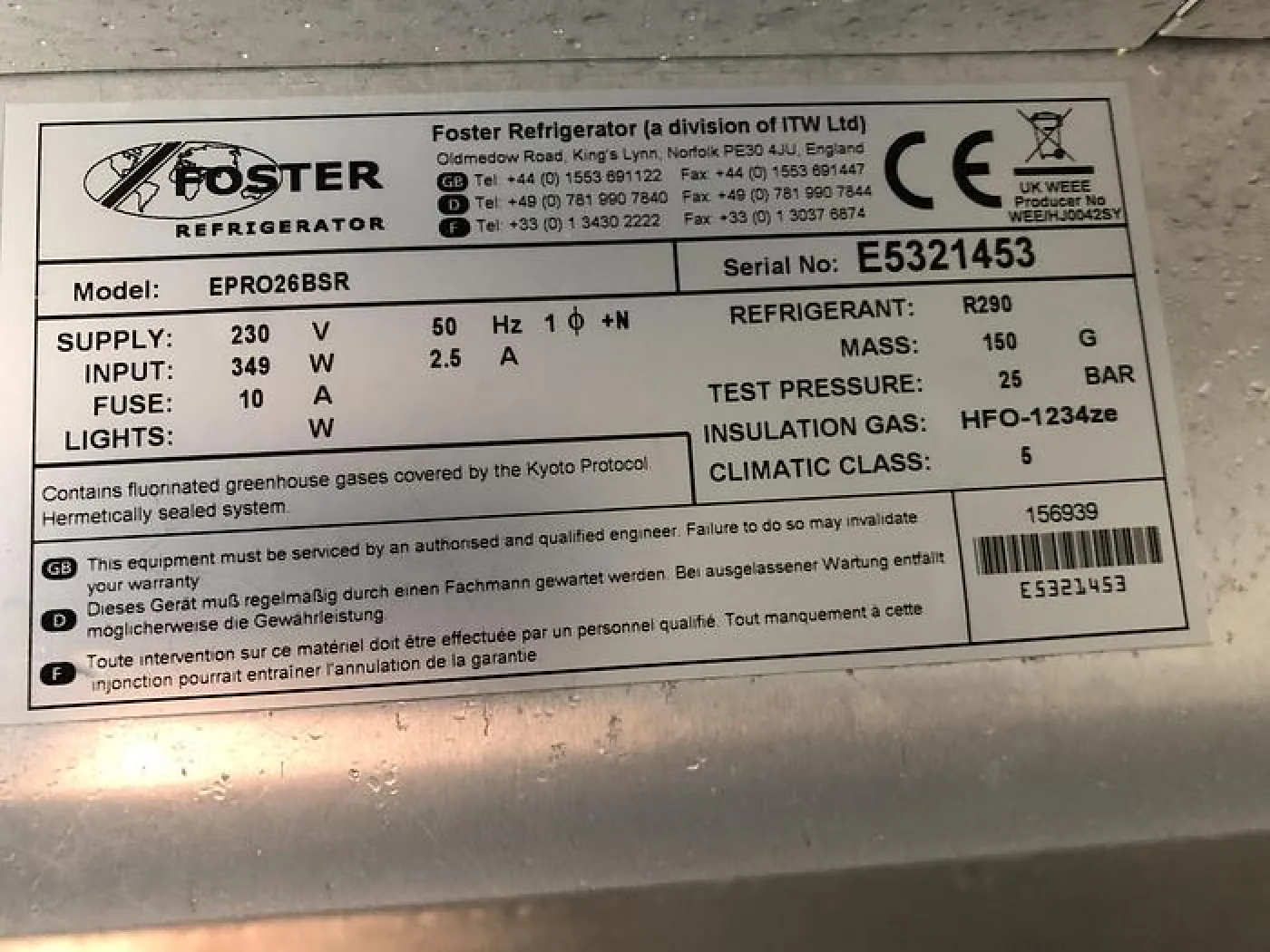 Fosters fridge, To take 18" x 30" Tray Size - 1