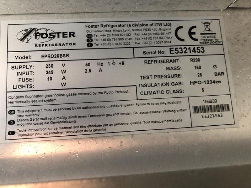 Fosters fridge, To take 18" x 30" Tray Size