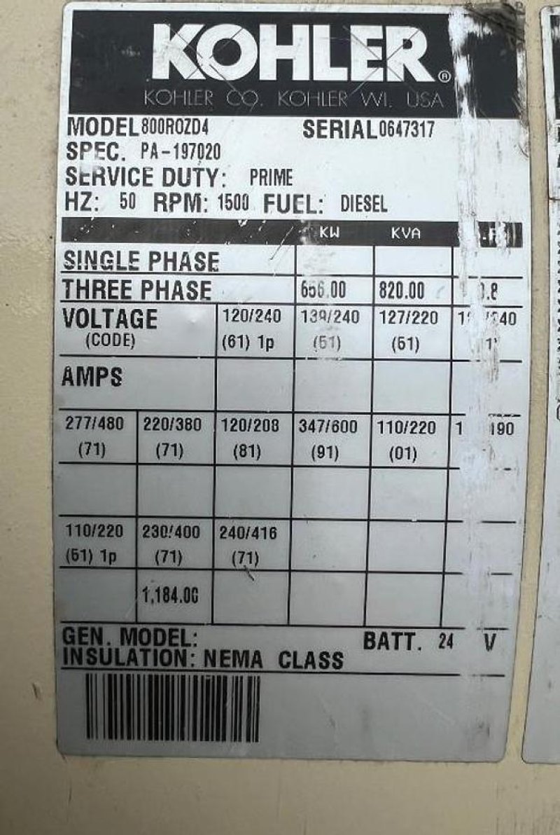 MTU 16V2000 / KOHLER DIESEL GEN.SET 820 KVA