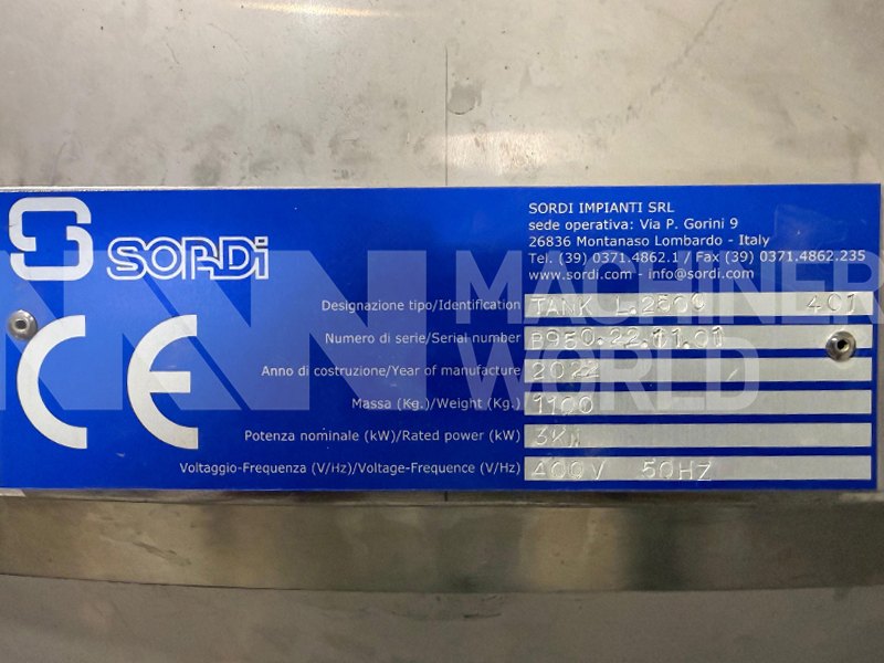 2,500 Ltr Sordi 316 Grade Stainless Steel Jacketed Tank with Sharp Conical Bottom and Scraped Surface Mixer (Year 2022 – NEVER USED)