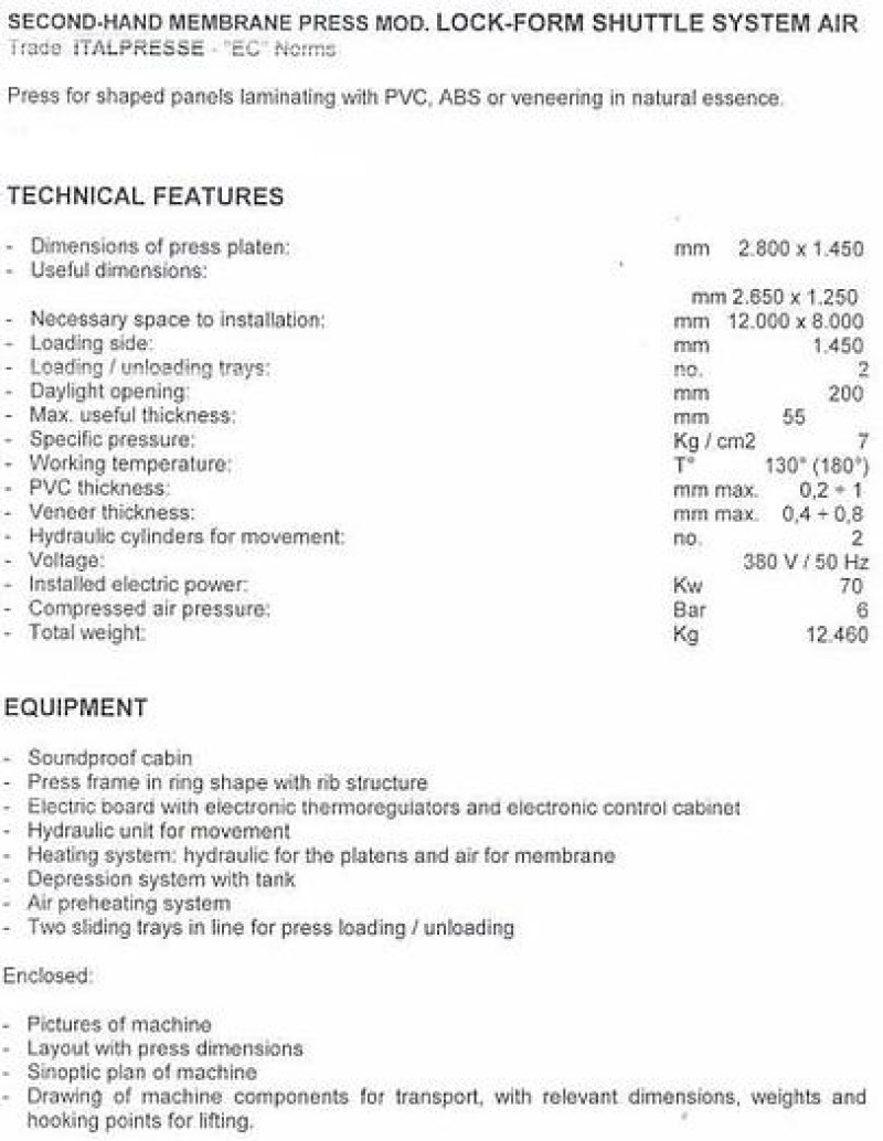 PRESSA A MEMBRANA ITALPRESSE LOCK FORM SHUTTLE SYSTEM AIR