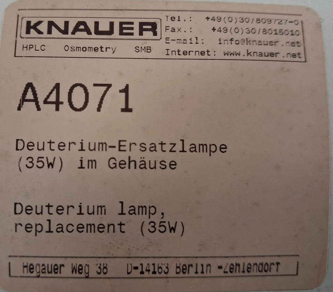 Knauer A4071 Deuterium-Ersatzlampe 35 W - 5
