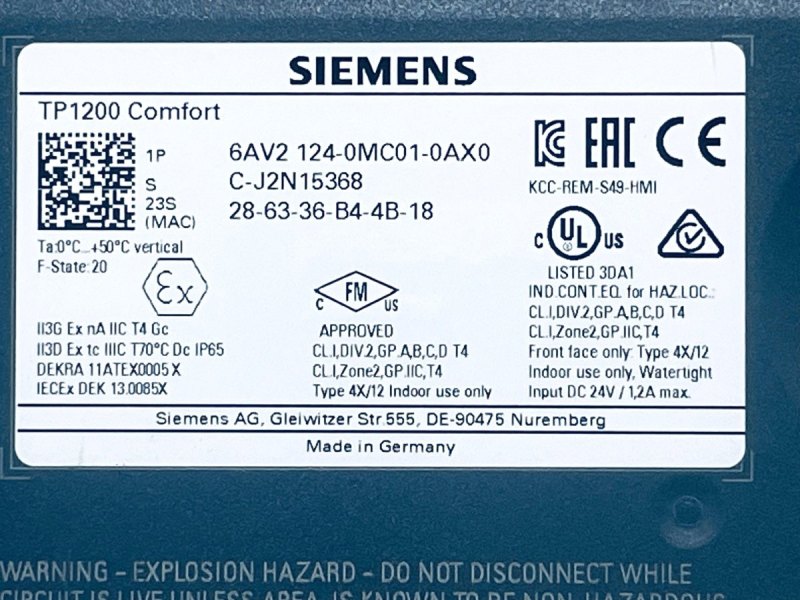 Siemens SIMATIC HMI TP 1200 Comfort 6AV2 124-0MC01-0AX0