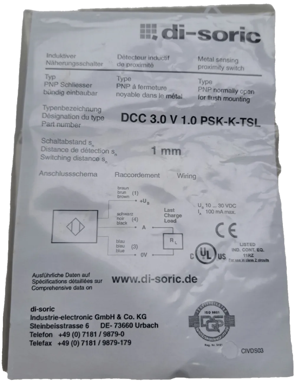 Di-soric Induktiver Näherungssensor INM-300 Miniatur Extended DCC3.0V1.0 PSK-K-TSL