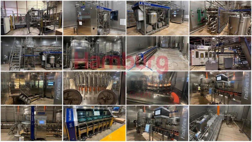 Aseptic processing plant, bottle blowing, filling, closing, labelling and packing line for PET bottles of 0,4/0,5/1,5 liter - Tetra Pak / Sidel / Krones