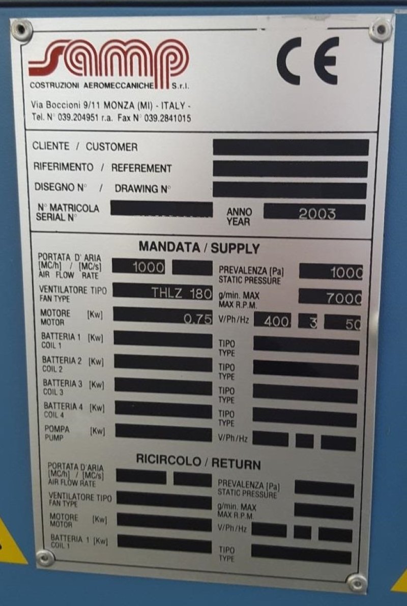 U.T.A. – UNITA’ ESTRAZIONE ARIA SAMP MOD. 1000 MC/H