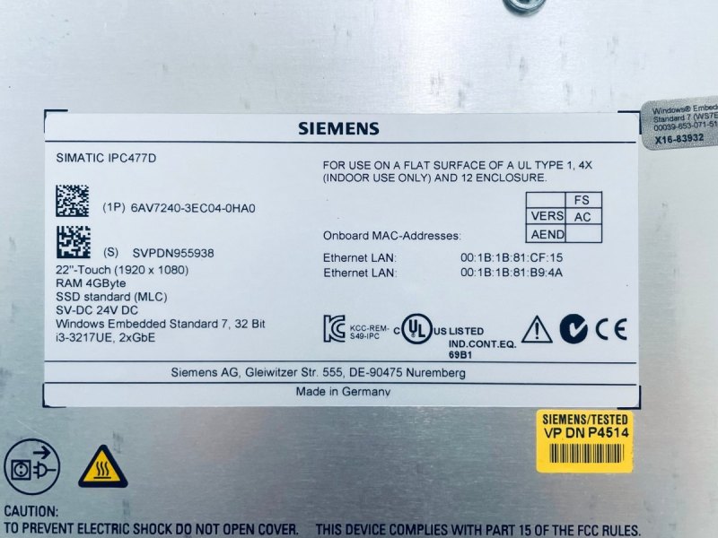 Siemens SIMATIC HMI IPC 477D 6AV7240-3EC04-0HA0