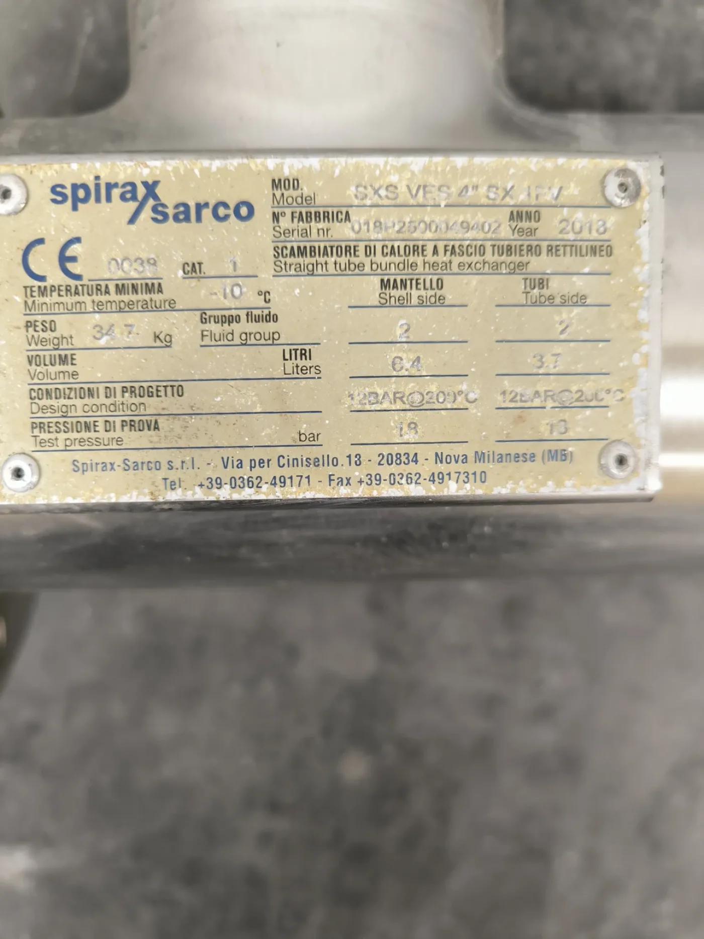 STAINLESS STEEL TUBULAR HEAT EXCHANGER 0.8 M² SPIRAX SARCO SXS VES 4" - 6