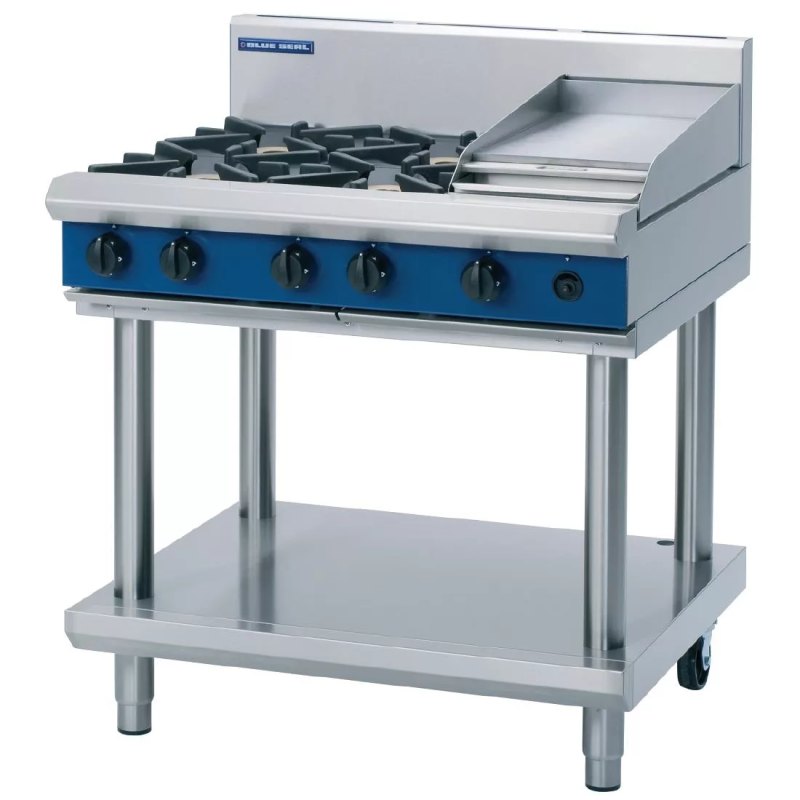 Blue Seal Evolution Cooktop 4 Open/1 Griddle Burner LPG on Stand 900mm G516C-LS/L - islandcatering