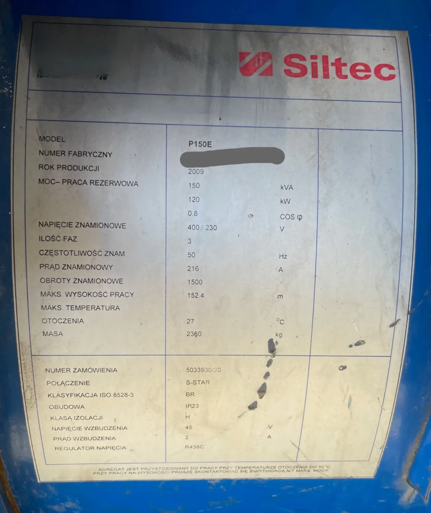 Power Generator Siltec P150E - 150kVA/120KW, vintage 2009 - 2