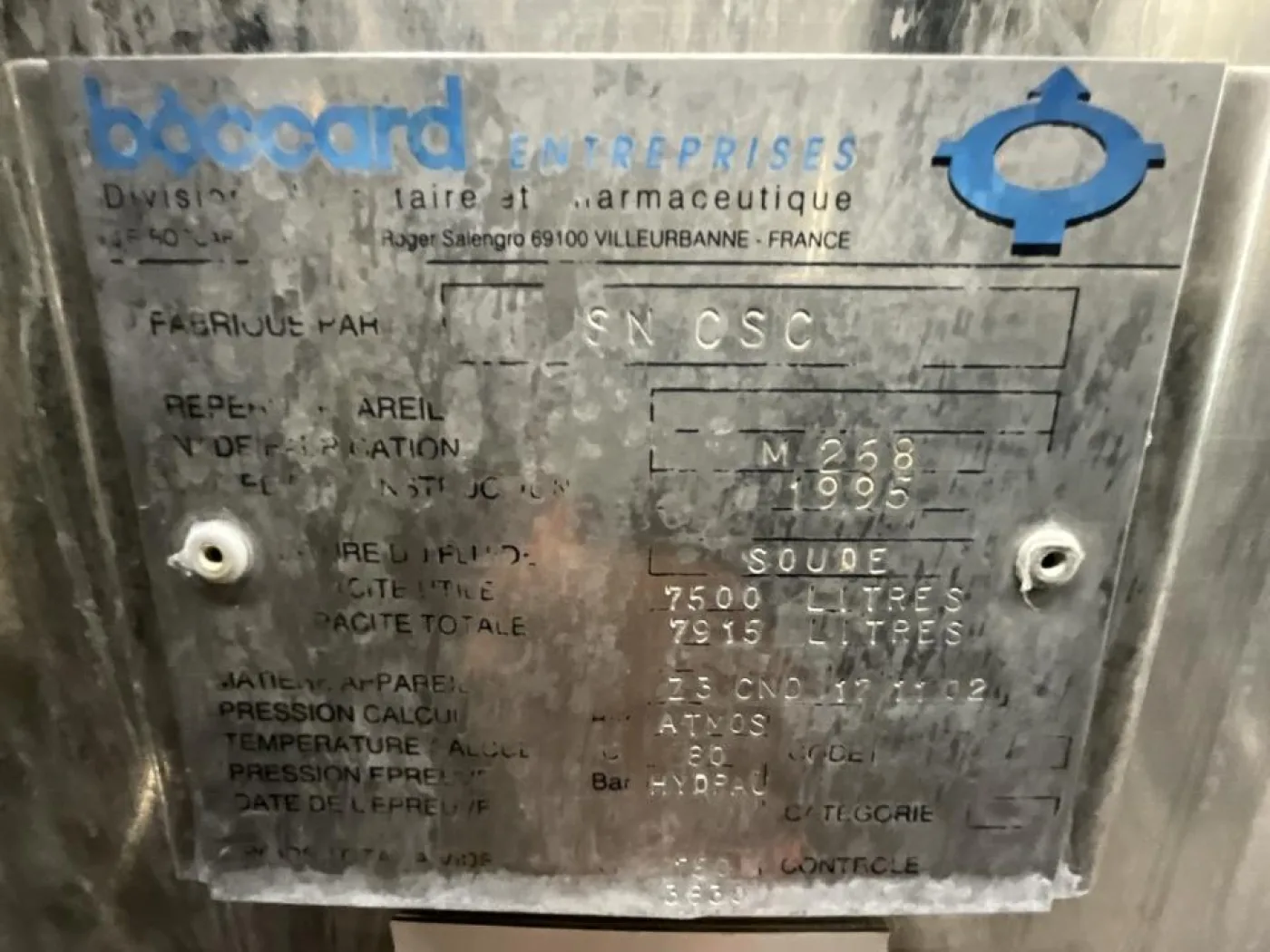 1996 Boccard Boccard 7500 Litre Stainless Steel Vertical Caustic Water Storage Tank - S - 2