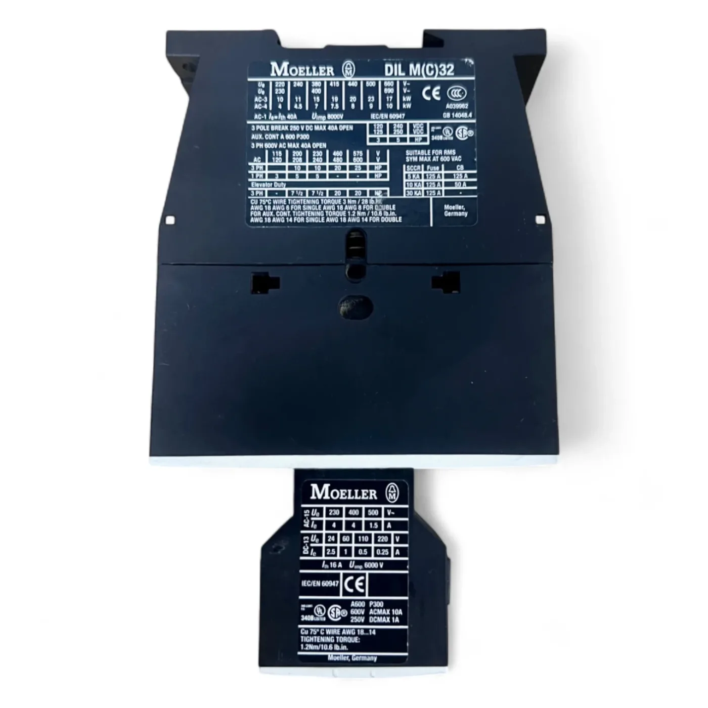 Klöckner Moeller DIL M(C)32 Schütz + Hilfskontaktblock – 3-polig, 40 A AC-1 / 32 A AC-3 – z. B. Homag Typ DILM32-10 - 4