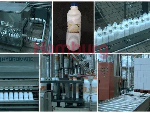 Bottle blowing, filling, closing, sterilizing, labelling and packing line for PE bottles of 1,5 liter with milk - Sidel / Remy / Stork
