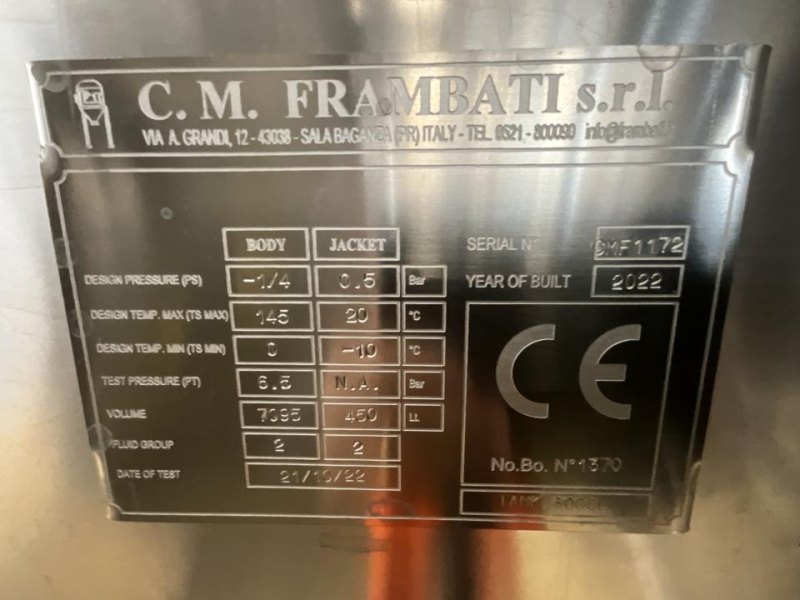2022 C. M. Frambati s.r.l. C. M. Frambati s.r.l. 6000 Litre Stainless Steel Vacuum Rated Jacketed Mixing Vessel
