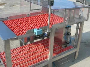 NASTRO TRASPORTATORE CON RULLIERA DI ACCUMULO E CONVOGLIATORE