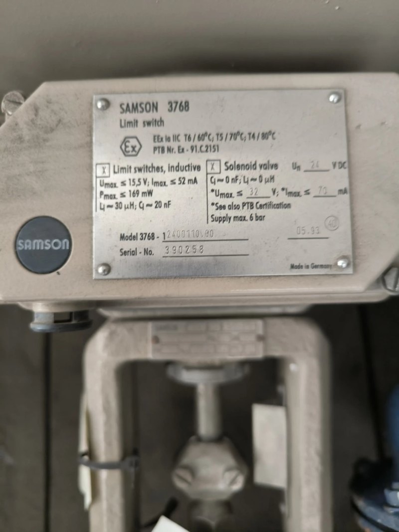 PROPORTIONAL CONTROL VALVE SAMSON DN100 PN16 ATEX WITH PNEUMATIC ACTUATOR AND SAMSON 3768 LIMIT SWITCH