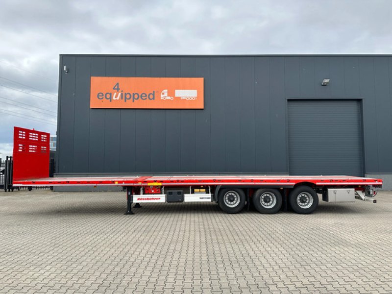 new and unused Heavy-Duty flatbed / 690cm extendable / steering axle / lift axle / twistlocks / timberstakes / NL-trailer / APK: 04-2027