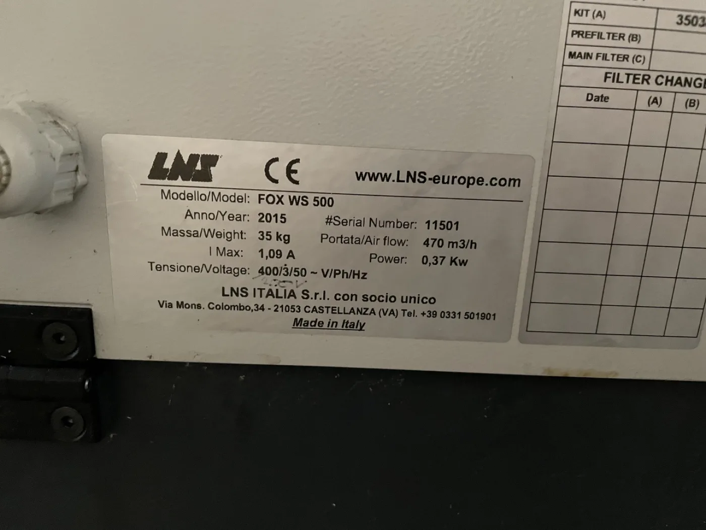 OIL MIST COLLECTOR “LNS” TYPE FOX WS – 500 - 5