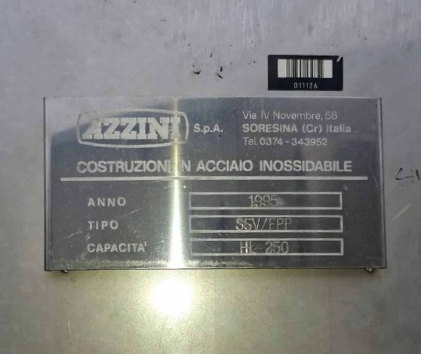 STAINLESS STEEL TANK CAPACITY HL 250 (LITERS 25.000) AZZINI FIRM STORAGE/WINEMAKING MODEL, SECOND-HAND EQUIPMENT - 3