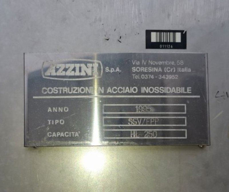 STAINLESS STEEL TANK CAPACITY HL 250 (LITERS 25.000) AZZINI FIRM STORAGE/WINEMAKING MODEL, SECOND-HAND EQUIPMENT