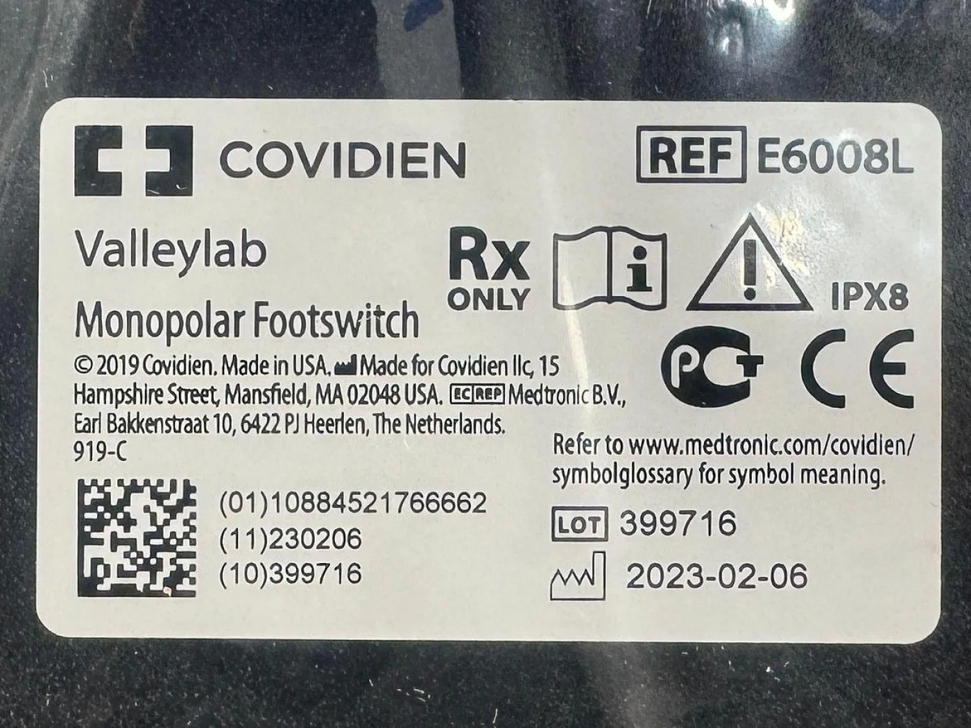 Covidien Valleylab Monopolar Footswitch REF: E6008L YOM: 2023 - 4