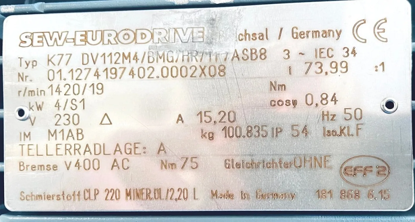 Getriebemotor SEW-EURODRIVE K77 DV112M4/BMG/HR/TF/ASB8 - 4