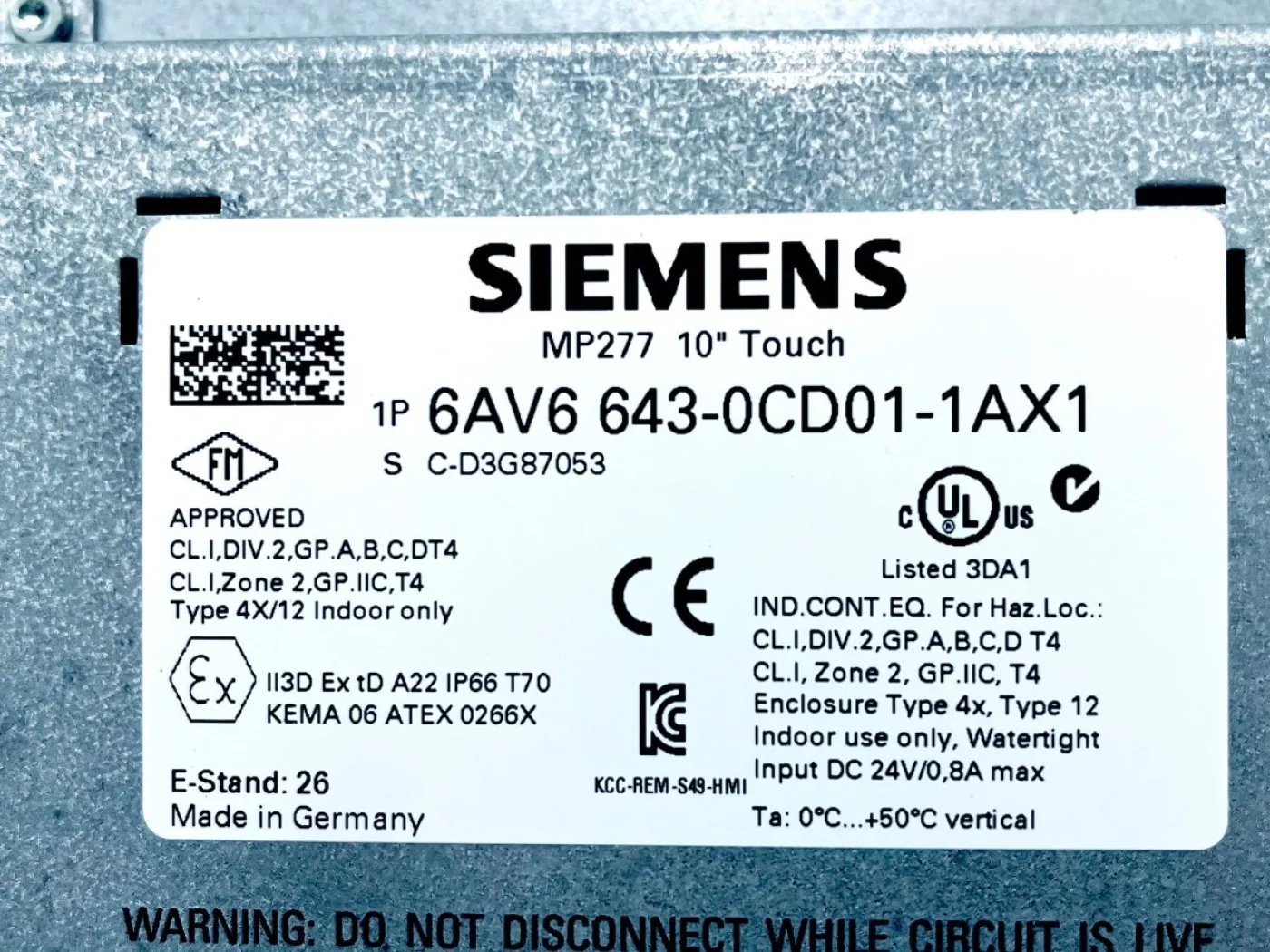 Siemens SIMATIC MP277 10" Touch 6AV6643-0CD01-1AX1 C-D3G87053 - 3
