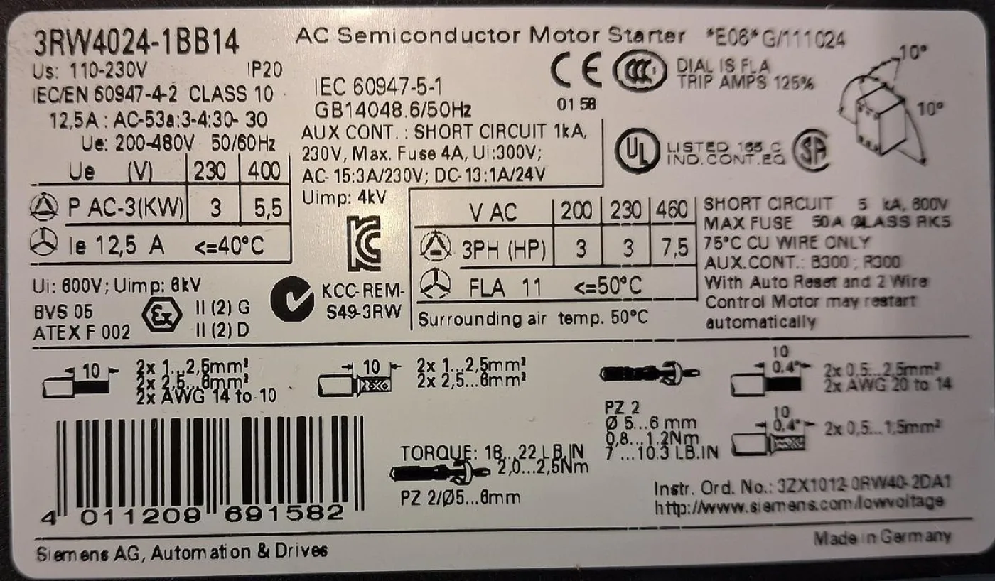 Siemens SIRIUS 3RW4024-1BB14 Halbleiter-Motorstarter (Softstarter) für Motoren bis 5,5 kW - 6