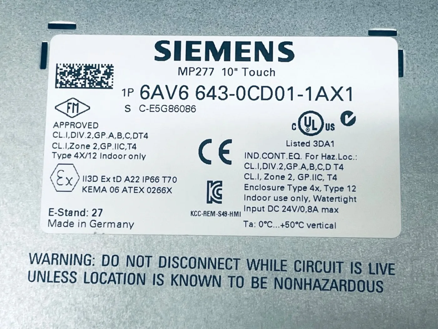 Siemens SIMATIC MP277 10" Touch 6AV6643-0CD01-1AX1 C-E5G86086 - 4