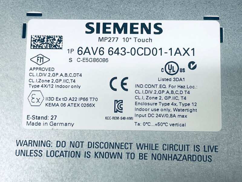 Siemens SIMATIC MP277 10" Touch 6AV6643-0CD01-1AX1 C-E5G86086