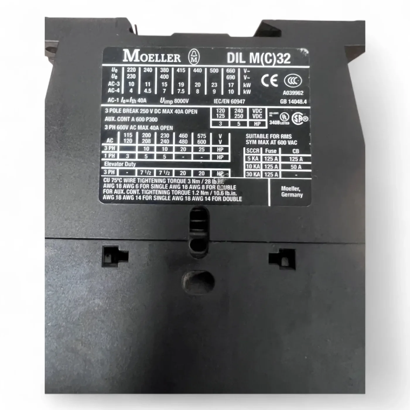 Klöckner Moeller DIL M(C)32 Schütz + Hilfskontaktblock – 3-polig, 40 A AC-1 / 32 A AC-3 – z. B. Homag Typ DILM32-10 - 6