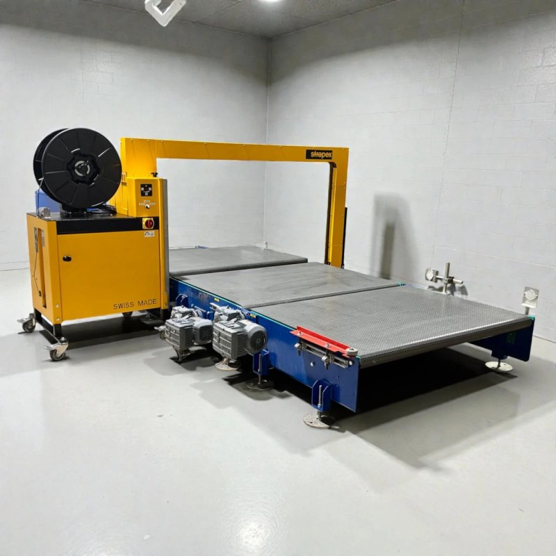 Strapex SMG 65 automatische Umreifungsanlage mit Fördertechnik und modularen Gliederbandförderanlage Art.-Nr. 745.200.311
