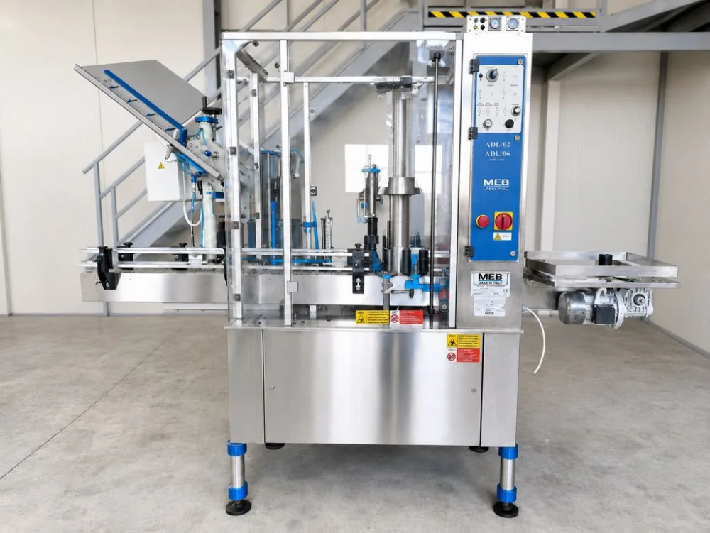 ADHESIVE LABELLING MACHINE MEB, MODEL ADL 02, WITH 2 STATIONS, SECOND HAND EQUIPMENT